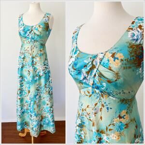 Vintage 60s‎ Paradise Hawaii Maxi Dress Honolulu Blue Green Floral // Size Small